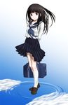  arms_behind_back bag black_hair blush chitanda_eru highres hyouka long_hair looking_at_viewer mushoku_no_hourousha pleated_skirt ripples school_bag school_uniform serafuku skirt smile solo standing standing_on_liquid water 