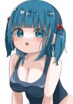  1girl alternate_costume bare_shoulders blue_eyes blue_hair blunt_bangs blush breasts cleavage collarbone commentary_request hair_bobbles hair_ornament inushichi kawashiro_nitori large_breasts looking_at_viewer medium_bangs medium_hair one-piece_swimsuit open_mouth school_swimsuit simple_background solo swimsuit touhou two_side_up upper_body white_background 
