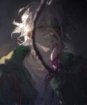  1boy blood blood_on_hands chinese_commentary closed_mouth collarbone commentary_request danganronpa_(series) danganronpa_2:_goodbye_despair gradient_background green_jacket grey_hair grey_shirt hair_between_eyes highres hood hood_down hooded_jacket jacket komaeda_nagito male_focus messy_hair open_clothes open_jacket pink_blood rope shirt smile solo tallplaycold 