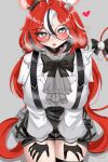  1girl animal_ears ascot black_bow black_bowtie black_gloves black_hair black_shorts blush bow bowtie breasts chain dice_hair_ornament frilled_shirt frills glasses gloves grey_ascot grey_background hair_bow hair_ornament hakos_baelz hakos_baelz_(4th_costume) half_gloves hands_on_own_thighs heart heart-shaped_pupils highres hololive hololive_english large_breasts long_hair mouse_ears mouse_girl mouse_tail multicolored_hair official_alternate_costume open_mouth red_hair round_eyewear sharp_teeth shirt shorts streaked_hair suspender_shorts suspenders sweat symbol-shaped_pupils tail tail_bow tail_ornament teeth thigh_gap thigh_strap virtual_youtuber white_hair white_shirt yobi_(ybpac18) 