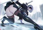  1girl 2b_(nier:automata) ass black_blindfold black_gloves black_hairband blindfold boots covered_eyes feather-trimmed_sleeves feather_trim gloves hairband high_heels nier:automata nier_(series) paid_reward_available puffy_sleeves sade_abyss short_hair skirt smile solo sword thighhighs thighhighs_under_boots virtuous_contract virtuous_treaty weapon white_hair 