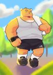  1boy :3 absurdres animal_ears bara bear_ears day dplaoag facial_hair furry furry_male goatee_stubble highres large_pectorals looking_at_viewer male_focus muscular muscular_male original pectoral_cleavage pectorals personification pip_the_bear shoes short_hair shorts smile sneakers socks solid_circle_eyes solo strongman_waist stubble tank_top thick_eyebrows towel walking watch white_tank_top wristwatch 
