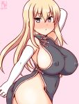  1girl alternate_costume artist_logo bismarck_(kancolle) blonde_hair breasts china_dress chinese_clothes commentary_request covered_navel covered_nipples dated dress gloves grey_dress grey_eyes kanon_(kurogane_knights) kantai_collection large_breasts long_hair one-hour_drawing_challenge pink_background solo white_gloves 