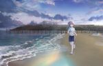  1girl :d beach black_shorts blue_sky clenched_hands cloud cloudy_sky fence flower footprints game_cg green_eyes green_sleeves hair_flower hair_ornament highres jogging lens_flare link!_like!_love_live! long_hair looking_ahead love_live! official_art open_mouth otomune_kozue purple_hair red_flower sand shirt shoes short_sleeves shorts side_ponytail sidelocks sky smile sneakers solo third-party_source virtual_youtuber white_footwear white_shirt wide_shot 