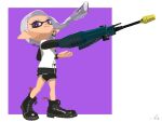  1girl black_footwear black_shorts boots closed_mouth colored_tips commentary cross-laced_footwear dolphin_shorts eyelashes full_body grey_hair grey_trim gun highres holding holding_gun holding_weapon inkling inkling_girl inkling_player_character jet_squelcher_(splatoon) long_hair looking_at_viewer madan_game multicolored_hair pointy_ears purple_background purple_eyes purple_hair shorts simple_background smile solo splatoon_(series) splatoon_3 standing tentacle_hair two-tone_background two-tone_hair weapon white_background 