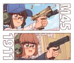  2girls aiming black_eyes black_hair bocchi-ya-nawi brown_hair casing_ejection finger_on_trigger firing gun handgun hat headphones headset highres holding holding_gun holding_weapon long_sleeves m1911 m45_meusoc multiple_girls original safety_glasses shell_casing short_hair weapon 