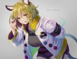  1girl animal_ears arknights black_nails blonde_hair blue_tail breasts grey_background grey_sweater highres jacket long_sleeves looking_at_viewer open_clothes open_jacket puffy_long_sleeves puffy_sleeves purple_eyes short_hair smile solo sweater takechi_akinobu upper_body utage_(arknights) 