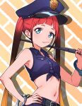  asukagawa_chise belt blue_eyes candy cuffs food gridman_universe gridman_universe_(film) handcuffs hat highres holding kamidan lollipop long_hair looking_at_viewer mole mole_under_mouth multicolored_hair police police_hat police_uniform policewoman red_hair shirt solo twintails uniform zooming_in 