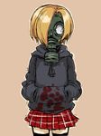  black_legwear blonde_hair gas_mask hair_over_one_eye hood hood_down hoodie idolmaster idolmaster_cinderella_girls looking_at_viewer ofuro_mantarou pleated_skirt shirasaka_koume short_hair simple_background sketch skirt sleeves_past_wrists solo thighhighs 