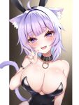 ahoge animal_collar animal_ear_fluff animal_ears bare_shoulders black_leotard blush breasts cat_ears cat_girl cat_tail cleavage collar collarbone colored_inner_hair diagonal_bangs fake_animal_ears fang head_tilt highres hololive kogekoge1207 large_breasts leaning_to_the_side leotard looking_at_viewer medium_hair multicolored_hair nekomata_okayu open_mouth outside_border playboy_bunny rabbit_ears shiny_clothes simple_background skin_fang smile tail upper_body virtual_youtuber w 