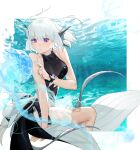  1girl bare_arms bare_shoulders black_one-piece_swimsuit breasts fins head_fins highres liv:_luminance_(puella_subnautica)_(punishing:_gray_raven) liv_(punishing:_gray_raven) medium_breasts medium_hair one-piece_swimsuit punishing:_gray_raven purple_eyes see-through see-through_shirt see-through_swimsuit shrimpun solo swimsuit underwater white_hair 