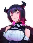  1girl aradia_ravencroft bare_shoulders black_hair black_jacket breasts commentary demon_horns detached_sleeves fur-trimmed_jacket fur_trim highres hololive hololive_english horns jacket kureo large_breasts looking_at_viewer medium_hair mole mole_under_mouth multicolored_hair pink_eyes pink_hair simple_background smile solo streaked_hair virtual_youtuber white_background 
