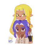  1boy 1girl bike_shorts blonde_hair blue_hair braid closed_mouth commentary cropped_legs cropped_torso dark-skinned_male dark_skin eyebrow_cut hands_on_another&#039;s_shoulders highres inkling inkling_girl inkling_player_character kinnut long_hair looking_at_viewer medium_hair octoling octoling_boy octoling_player_character open_mouth pointy_ears red_eyes simple_background single_braid smile splatoon_(series) splatoon_3 tentacle_hair thick_eyebrows white_background yellow_eyes 