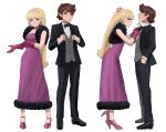  1boy 1girl adjusting_bowtie anger_vein black_bow black_bowtie black_footwear black_jacket black_pants blonde_hair blue_eyes blunt_bangs blush bow bowtie breasts brown_eyes brown_hair cleavage collared_shirt commentary dipper_pines dress dress_shirt earrings english_commentary fur-trimmed_dress fur_trim gloves gravity_falls grey_vest high_heels highres jacket jewelry jourd4n long_hair medium_breasts open_clothes open_jacket pacifica_northwest pants pink_gloves profile purple_dress red_footwear shirt shoes simple_background suit v-shaped_eyebrows very_long_hair vest white_background white_shirt 