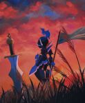  arm_blade ceruledge cloud cloudy_sky dawn fire flag flagpole grass highres holding holding_flag pokemon pokemon_(creature) purple_fire red_clouds sazanami_(rsrm1) sky standing sword weapon 