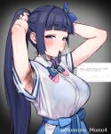  1girl adjusting_hair aoi_ch. armpit_hair blue_eyes blue_hair blunt_bangs blush breasts fuji_aoi hair_ornament hair_tie long_hair looking_at_viewer mouth_hold ponytail school_uniform solo sweat virtual_youtuber yoshiwa_tomo 