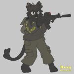 absurd_res ak-12 andy_(nekopumpkin) anthro black_body black_fur black_nose bottomwear cargo_pants clothing domestic_cat escape_from_tarkov felid feline felis fur hi_res hoodie male mammal nekopumpkin open_mouth pants scav solo topwear