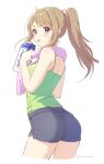  1girl ass bad_id bad_pixiv_id black_shorts breasts brown_hair character_request copyright_request green_shirt hair_ornament hair_scrunchie hairclip highres milk_carton mizu_no ponytail purple_eyes scrunchie shirt shorts simple_background small_breasts solo standing tongue tongue_out towel towel_around_neck twitter_username white_background 