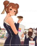  1boy 1girl :t arm_warmers beard black_dress black_lunette black_robe blunt_bangs brown_eyes brown_hair city closed_mouth collar commentary commission denken_(sousou_no_frieren) double_bun doughnut dress dunkin&#039;_donuts eating english_commentary facial_hair food grey_sky hair_bun highres holding holding_food laufen_(sousou_no_frieren) long_beard looking_at_viewer looking_to_the_side medium_bangs monocle old old_man outdoors robe second-party_source sky sleeveless sleeveless_dress sousou_no_frieren upper_body watermark white_collar 