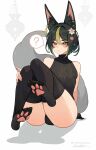  1boy absurdres akumana animal_ear_fluff animal_ears ass black_hair black_shirt black_thighhighs blush bulge feet flower fox_boy fox_ears fox_tail genshin_impact green_eyes green_hair green_nails hair_between_eyes hair_flower hair_ornament highres looking_at_viewer male_focus multicolored_hair otoko_no_ko shirt short_hair socks soles solo streaked_hair tail thighhighs thighs tighnari_(genshin_impact) 