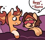 1_horn 2024 accessory bed bedding blanket brown_eyebrows brown_hair brown_markings brown_tail clothing crossover curved_horn dialogue dragon duo ear_tuft earth_pony equid equine eye_contact eyebrows eyewear feral fire flaming_hair flirting friendship_is_magic fur furniture ghostguppi glasses hair hair_bun hasbro headband hooves horn horse kirin lego lego_monkie_kid looking_at_another male male/male mammal markings mk_(lego_monkie_kid) my_little_pony mythological_creature mythological_scalie mythology orange_body orange_ears orange_fur orange_hooves orange_horn party_clone_mk pillow ponification pony pseudo_hair quadruped red_clothing red_eyewear red_glasses red_hair red_headband red_heart red_shirt red_son_(lego_monkie_kid) red_text red_topwear scalie shirt shutter_shades simple_background speech_bubble tail talking_to_another term_of_endearment text topwear tuft under_covers unguligrade white_background white_inner_ear