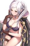  1girl absurdres alternate_costume bikini black_coat breasts brown_eyes brown_gloves cleavage cloak closed_mouth coat collarbone commentary elbow_rest fire_emblem fire_emblem_awakening fire_emblem_heroes from_above gloves gonzarez highres hood hooded_cloak jewelry large_breasts long_hair looking_ahead navel o-ring o-ring_bikini official_alternate_costume pendant purple_bikini robin_(female)_(fire_emblem) robin_(female)_(summer)_(fire_emblem) robin_(fire_emblem) sidelocks simple_background sitting solo swimsuit thigh_strap twintails white_background white_hair 