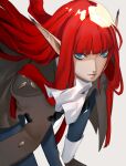  1girl absurdres ascot blue_eyes blunt_bangs brown_coat coat commentary eyelashes highres hulkenberg_(metaphor:_refantazio) leaning_forward long_hair long_pointy_ears looking_at_viewer metaphor:_refantazio pertex_777 pointy_ears red_hair simple_background solo white_ascot white_background 