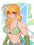  0rcazone 1girl absurdres bikini blonde_hair braid breasts character_name cleavage collarbone colored_mouth commentary english_commentary fangs green_bikini hair_between_eyes head_wings highres long_hair looking_at_viewer monster_girl nijisanji nijisanji_en open_mouth original pointy_ears pollen_(0rcazone) red_eyes side_braid simple_background skin_fangs solo swimsuit tail upper_body virtual_youtuber white_background wings 