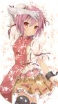  arm_up bandages black_legwear blush bun_cover cuffs double_bun floral_print flower ibaraki_kasen looking_at_viewer parted_lips pink_flower pink_hair pink_rose red_eyes rose samegami shackles shirt short_hair skirt solo tabard thighhighs touhou zettai_ryouiki 