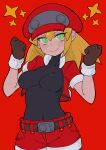  1girl absurdres black_bodysuit blonde_hair blush bodysuit bodysuit_under_clothes breasts buzzlyears cabbie_hat covered_collarbone covered_navel cowboy_shot cropped_jacket green_eyes hat highres jacket looking_at_viewer medium_breasts mega_man_(series) mega_man_legends_(series) open_clothes open_jacket red_background red_hat red_jacket red_shorts roll_caskett_(mega_man) shorts simple_background sleeves_rolled_up smile solo star_(symbol) 