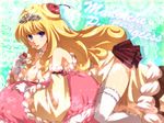  blonde_hair breasts cake character_name cleavage crown doily dress duel_monster food food_on_body food_on_face fruit garter_straps gloves large_breasts madolche_puddingcess mugicha_(sukimachaya) purple_eyes solo star strawberry thighhighs tongue tongue_out white_gloves yuu-gi-ou yuu-gi-ou_duel_monsters 