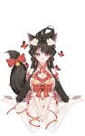  1girl absurdres animal_ears bare_shoulders bell between_legs black_hair bow breasts bug butterfly cleavage clothing_cutout flower fox_ears fox_tail full_body garter_straps hair_flower hair_ornament hair_rings hand_between_legs highres japanese_clothes kimono long_hair looking_at_viewer medium_breasts navel navel_cutout no_shoes official_art own_hands_together pelvic_curtain red_bow red_butterfly red_eyes short_kimono short_sleeves side-tie_peek sitting smile solo stardust_project straight-on tachi-e tail tail_bell tail_bow tail_ornament tassel tassel_hair_ornament thighhighs torn_clothes torn_thighhighs transparent_background very_long_hair virtual_youtuber waist_bow wariza white_flower yellow_kimono yumeki_(stardust_project) 