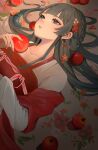  1girl blue_eyes braid chinese_clothes earrings flower food fruit hair_flower hair_ornament highres jewelry kusuriya_no_hitorigoto long_hair long_sleeves lying maomao_(kusuriya_no_hitorigoto) on_back sparrow89999 upper_body 