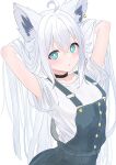  1girl absurdres alternate_costume animal_ears aqua_eyes arms_behind_head black_choker choker denim_overalls fox_ears fox_girl hands_in_own_hair highres hololive long_hair looking_at_viewer overalls oyashiro_ooo shirakami_fubuki shirt short_sleeves virtual_youtuber white_hair white_shirt 