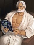 1boy bara beard black-framed_eyewear blue_eyes book closed_mouth commentary couch facial_hair glasses highres holding holding_book indoors jp_(street_fighter) looking_at_viewer male_focus mature_male medium_hair muscular muscular_male mustache old old_man on_couch open_book pectorals robe sa1k0p sitting solo street_fighter street_fighter_6 symbol-only_commentary veins white_hair white_robe 