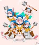  5girls :3 absurdres animal_ear_fluff animal_ears animal_feet armor armpits blue_hood breasts cleavage closed_mouth dota_(series) dota_2 english_commentary gem genderswap genderswap_(mtf) hay highres holding holding_shovel leaning_forward looking_at_viewer medium_breasts meepo multiple_girls open_mouth pauldrons pink_background ranguage red_eyes shoulder_armor shovel sieyarelow signature simple_background smile soles standing tareme v-shaped_eyebrows white_hair 
