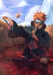  1boy 2019 akatsuki_uniform amegakure_symbol artist_name closed_mouth cloud cloudy_sky commentary dragon--anime ear_piercing earrings english_commentary forehead_protector highres jewelry lip_piercing long_sleeves male_focus nail_polish naruto_(series) naruto_shippuuden ninja nose_piercing orange_hair outdoors pain_(naruto) piercing purple_eyes realistic red_nails rinnegan short_hair sky solo spiked_hair uniform 