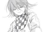  1boy buttons checkered_clothes checkered_scarf danganronpa_(series) danganronpa_v3:_killing_harmony flipped_hair grey_background greyscale hair_between_eyes jacket long_sleeves male_focus medium_hair monochrome oma_kokichi sawaki_(2d1ty) scarf simple_background sketch solo teeth upper_body 