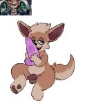 anthro balls blue_eyes canid canine chip_(mlbb) dildo fennec_fox flaccid fox genitals holding_object holding_sex_toy male mammal mobile_legends pawfunk_(artist) pawpads penis sex_toy simple_background sitting solo true_fox white_background