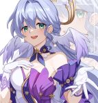  1girl :d breasts choker cleavage commentary_request detached_sleeves facial_mark gloves green_eyes hair_intakes hand_on_own_chest head_wings highres honkai:_star_rail honkai_(series) long_hair looking_at_viewer medium_breasts open_mouth purple_choker purple_hair robin_(honkai:_star_rail) short_sleeves smile upper_body very_long_hair wangqi white_background white_gloves wings zoom_layer 