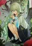  1girl absurdres alternate_costume bird black_footwear blurry blurry_background commentary_request curvy falling_leaves fang full_body glasses green_eyes green_hair highres holding holding_stuffed_toy honkai_(series) honkai_impact_3rd jinjide_shaonian leaf long_hair looking_at_viewer mihoyo miyouji mobius_(honkai_impact) pleated_skirt sailor_collar sailor_shirt school_uniform shirt sitting skirt slit_pupils smile socks solo stuffed_toy thighs tongue tongue_out white_socks 