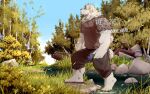 anthro barefoot canid canine canis domestic_dog feet forest hair hi_res male mammal muscular muscular_male plant river rubberbark solo tree white_hair