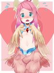  1girl blue_eyes blush feathers flat_chest harpy heart hrpy k20 midriff mon-musu_quest! monster_girl pink_hair solo wings 