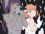  2girls :o aqua_eyes blurry blurry_foreground blush cerise_bouquet commentary_request crossed_bangs dark_background dress frilled_dress frilled_gloves frills gloves glowstick gradient_dress hands_up highres hinoshita_kaho holding holding_microphone link!_like!_love_live! link_to_the_future_(love_live!) liz_(piyoko_piyop) long_hair looking_at_another love_live! medium_hair microphone multiple_girls open_mouth orange_hair otomune_kozue pearl_hair_ornament penlight_(glowstick) pink_dress purple_hair side_ponytail sidelocks sleeveless sleeveless_dress two-handed two_side_up virtual_youtuber white_dress white_gloves 