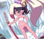  1girl aqua_eyes ass bell black_headband black_sclera blush colored_sclera colored_skin dutch_angle from_behind fundoshi headband high_ponytail holding holding_sword holding_weapon japanese_clothes jingle_bell katana light_frown long_hair looking_back nollety pink_skin pointy_ears sarashi saya_(youkai_watch) sheath sheathed solo sword unworn_clothes very_long_hair water waterfall weapon youkai_(youkai_watch) youkai_watch 