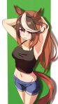  1girl alternate_costume animal_ears armpits arms_up black_tank_top breasts brown_hair closed_mouth collarbone commentary_request cowboy_shot denim denim_shorts green_background groin hair_between_eyes hair_tie_in_mouth highres horse_ears horse_girl horse_tail long_hair masaki_(masaki_470) medium_breasts midriff mouth_hold multicolored_hair navel purple_eyes shadow shorts smile solo streaked_hair symboli_rudolf_(umamusume) tail tank_top umamusume white_hair 