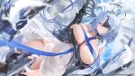  1girl absurdres alsace_(azur_lane) armor armored_boots azur_lane bare_shoulders between_breasts blue_eyes blue_hair boots breasts closed_mouth collarbone commentary covered_navel dress english_commentary feathers gauntlets gloves hair_ornament highres huge_breasts logo long_hair looking_at_viewer mask official_art second-party_source shiny_skin short_dress sleeveless solo thighs white_dress yyy_(zelda10010) 