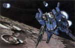  1980s_(style) artist_request beam_rifle cable crater energy_gun gundam gundam_mk_v gundam_sentinel in_orbit incom_(gundam) machinery magazine_scan mecha mobile_suit moon no_humans retro_artstyle robot scan science_fiction space thrusters traditional_media vernier_thrusters weapon 