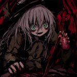  bags_under_eyes black_hat blood blood_on_clothes blood_on_hands bone evil_smile green_hair guro hair_between_eyes hat heart heart_(organ) highres holding_heart_(organ) komeiji_koishi reverinth ribs smile third_eye touhou veins 