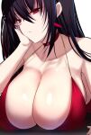  1girl akeyama_kitsune azur_lane black_hair breast_rest breasts choker cleavage closed_mouth commentary_request dress elbow_rest hair_between_eyes huge_breasts looking_at_viewer red_choker red_dress red_eyes simple_background solo spaghetti_strap strap_gap taihou_(azur_lane) taihou_(forbidden_feast)_(azur_lane) upper_body white_background 